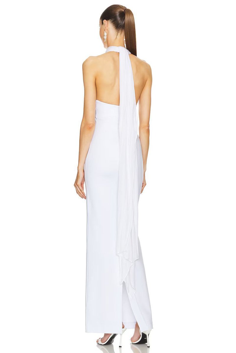 Halter Neck Draped White Maxi Dress H6426