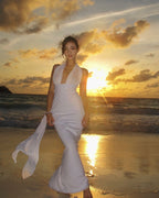 Halter Neck Draped White Maxi Dress H6426