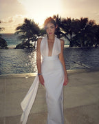 Halter Neck Draped White Maxi Dress H6426