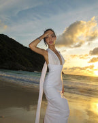 Halter Neck Draped White Maxi Dress H6426