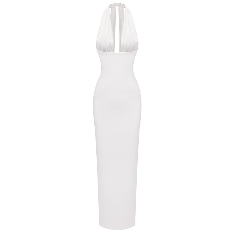 Halter Neck Draped White Maxi Dress H6426