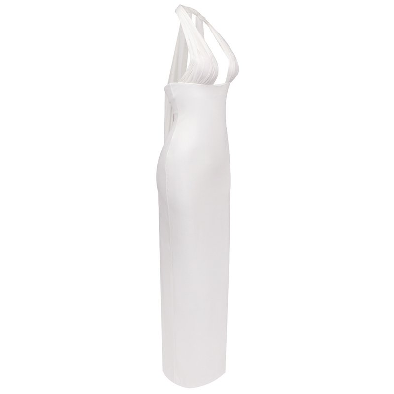 Halter Neck Draped White Maxi Dress H6426