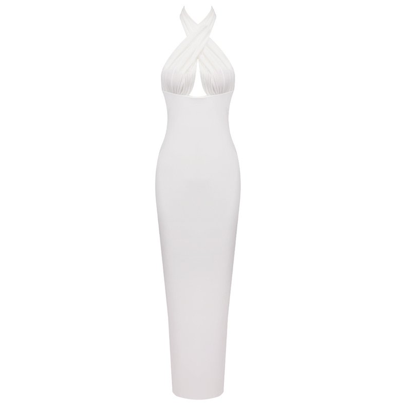 Halter Neck Draped White Maxi Dress H6426