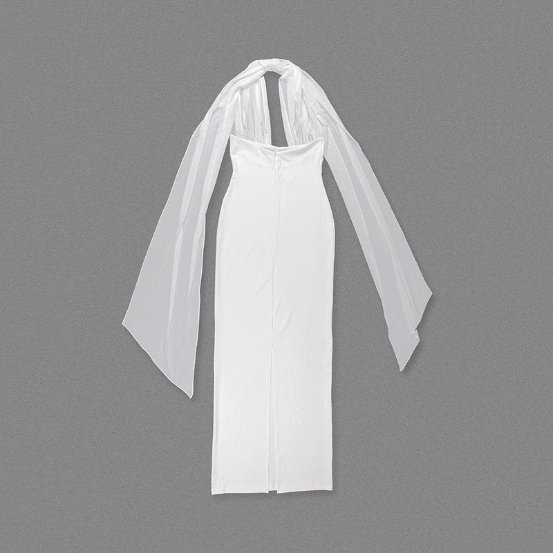 Halter Neck Draped White Maxi Dress H6426