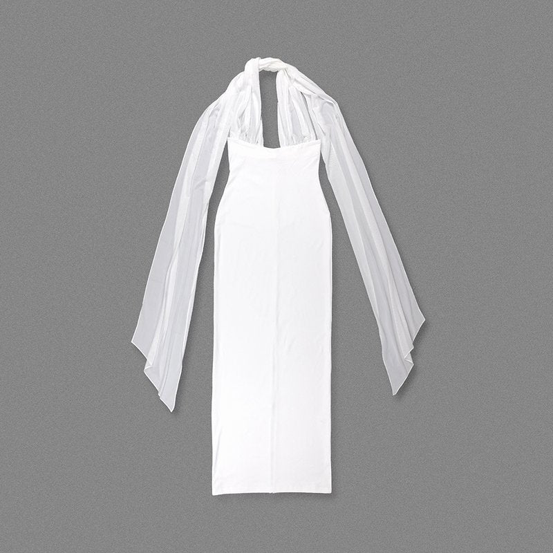 Halter Neck Draped White Maxi Dress H6426