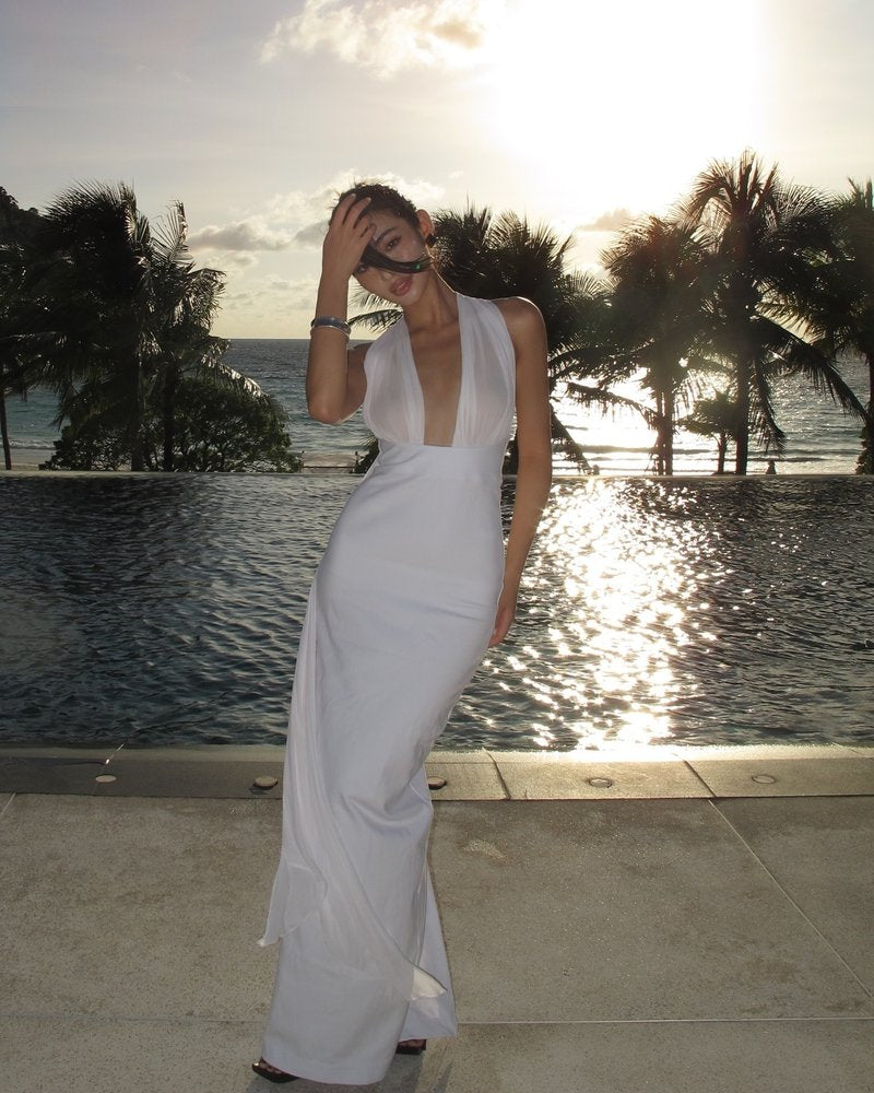Halter Neck Draped White Maxi Dress H6426