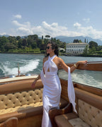 Halter Neck Draped White Maxi Dress H6426
