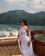 Halter Neck Draped White Maxi Dress H6426
