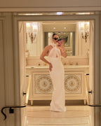 Halter Neck Draped White Maxi Dress H6426