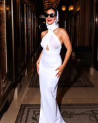 Halter Neck Draped White Maxi Dress H6426