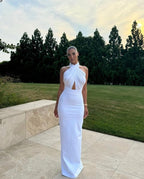 Halter Neck Draped White Maxi Dress H6426