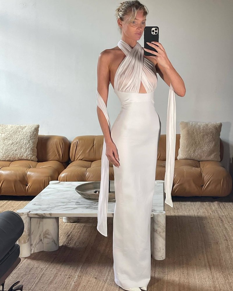 Halter Neck Draped White Maxi Dress H6426