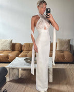 Halter Neck Draped White Maxi Dress H6426