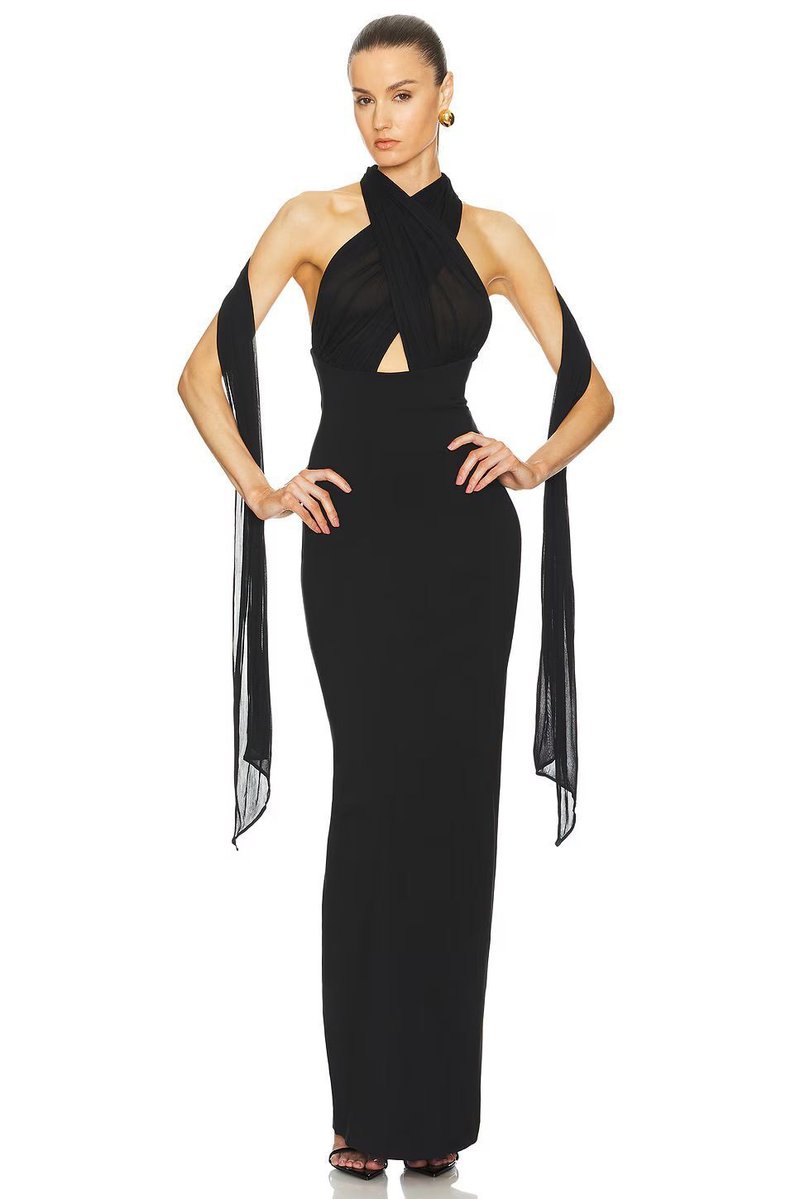 Halter Neck Draped White Maxi Dress H6426