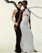 Halter Neck Draped White Maxi Dress H6426