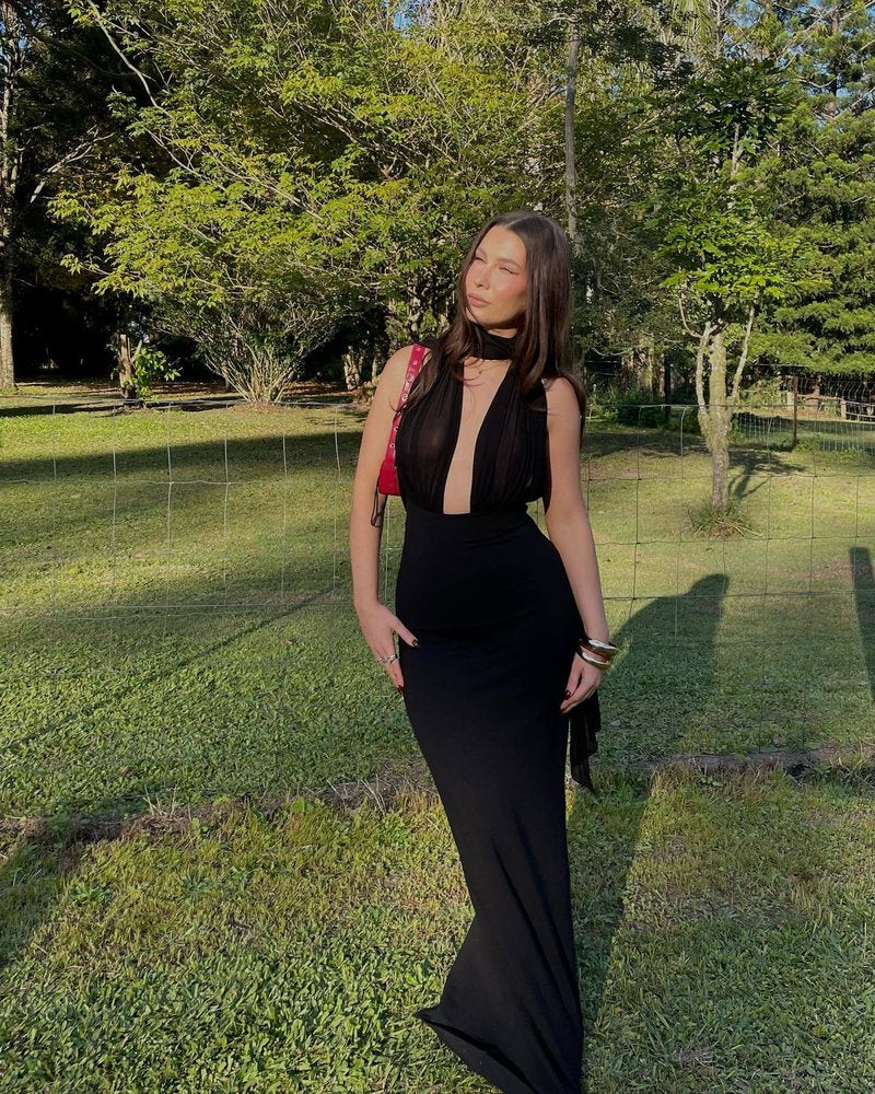 Halter Neck Draped White Maxi Dress H6426