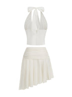 Halter Neck Pleated Asymmetric Skirt Set H7151