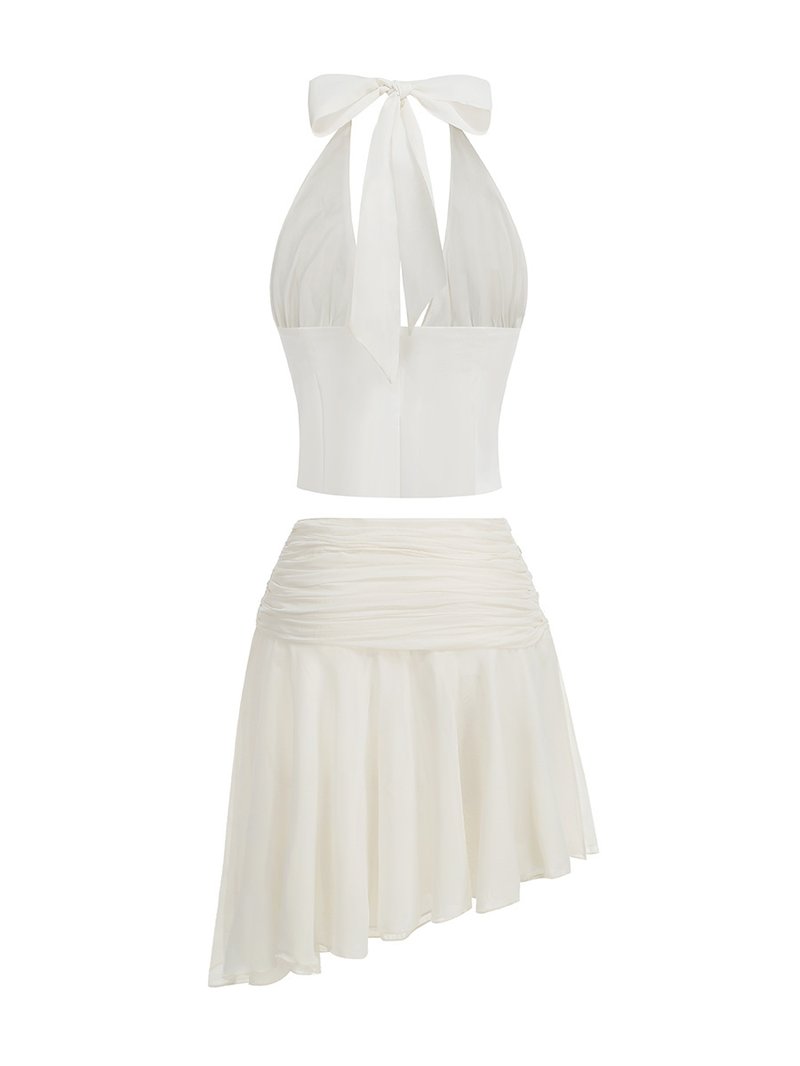 Halter Neck Ruched Asymmetric Skirt Set H7151