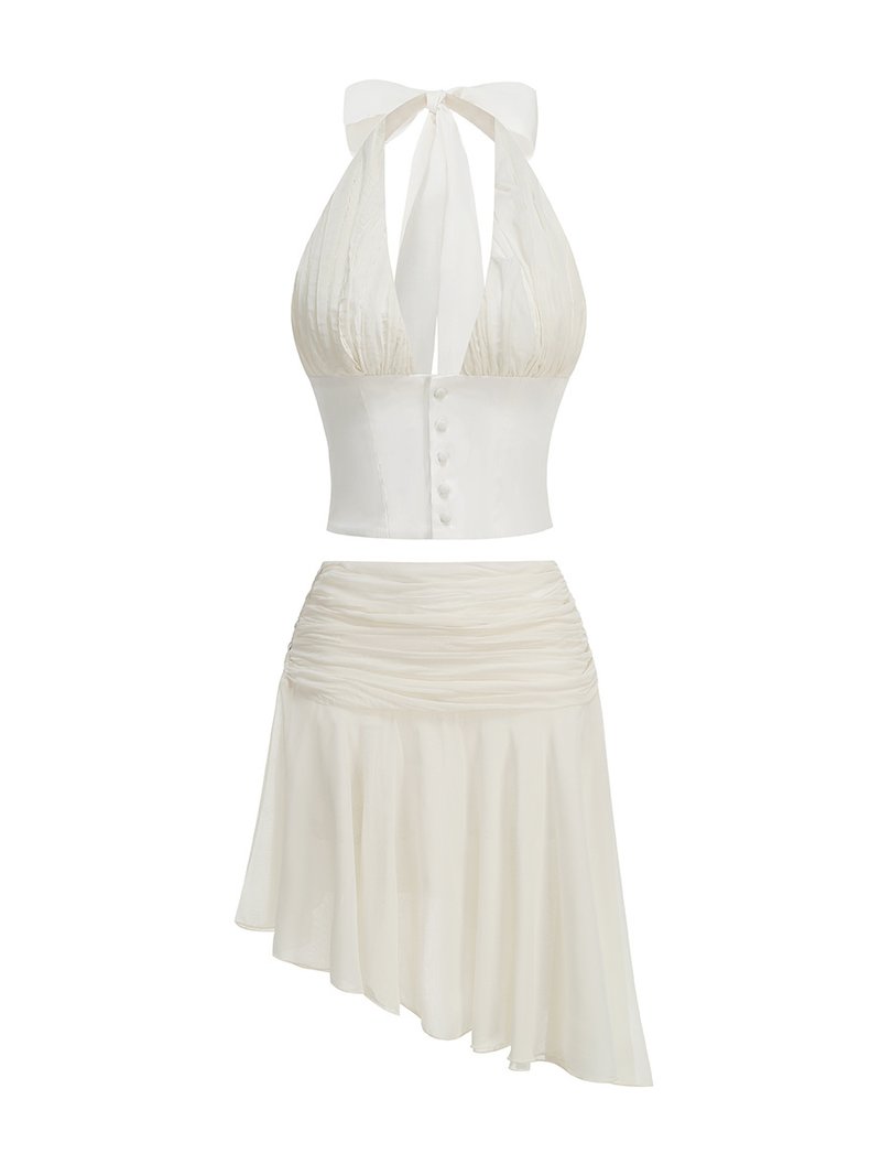 Fashion Halter Neck Ruched Asymmetrical Skirt Set H7152
