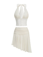 Fashion Halter Neck Ruched Asymmetrical Skirt Set H7152