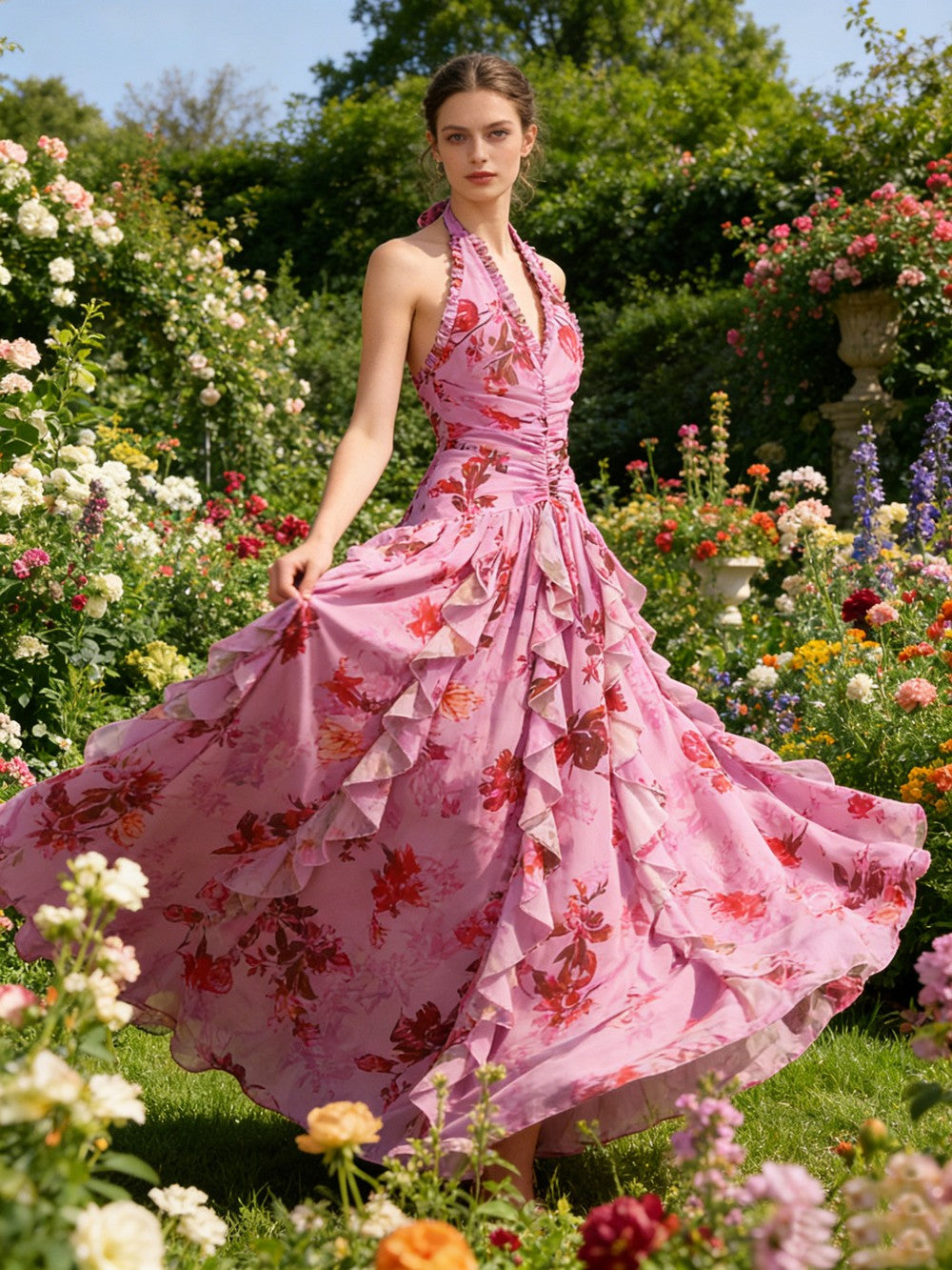 Halter Sleeveless Floral Print Ruffle Tiered Gown D2603