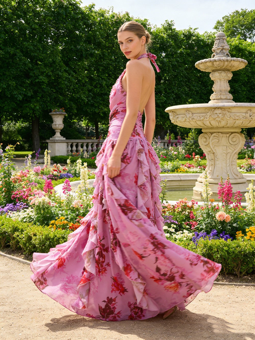 Halter Sleeveless Floral Print Ruffle Tiered Gown D2603