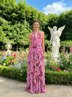 Halter Sleeveless Floral Print Ruffle Tiered Gown D2603