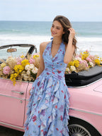 Halter Sleeveless Floral Print Ruffle Tiered Gown D2603