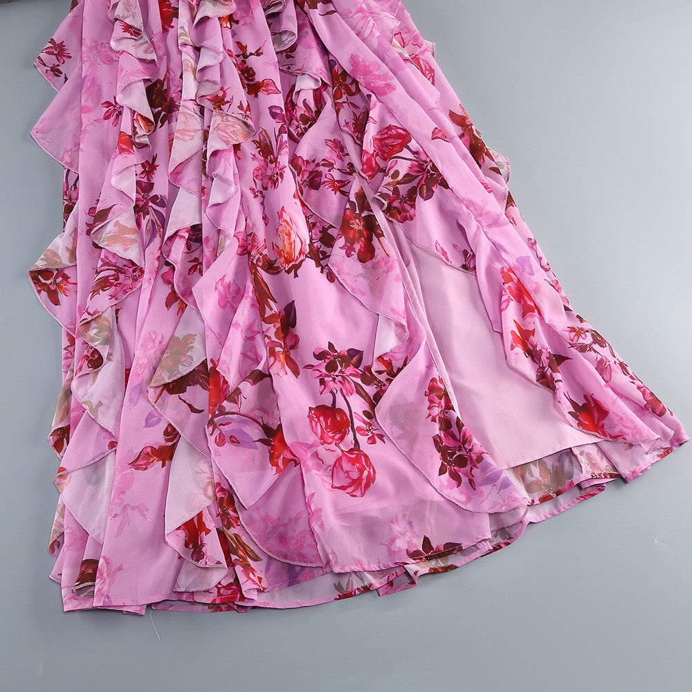 Halter Sleeveless Floral Print Ruffle Tiered Gown D2603