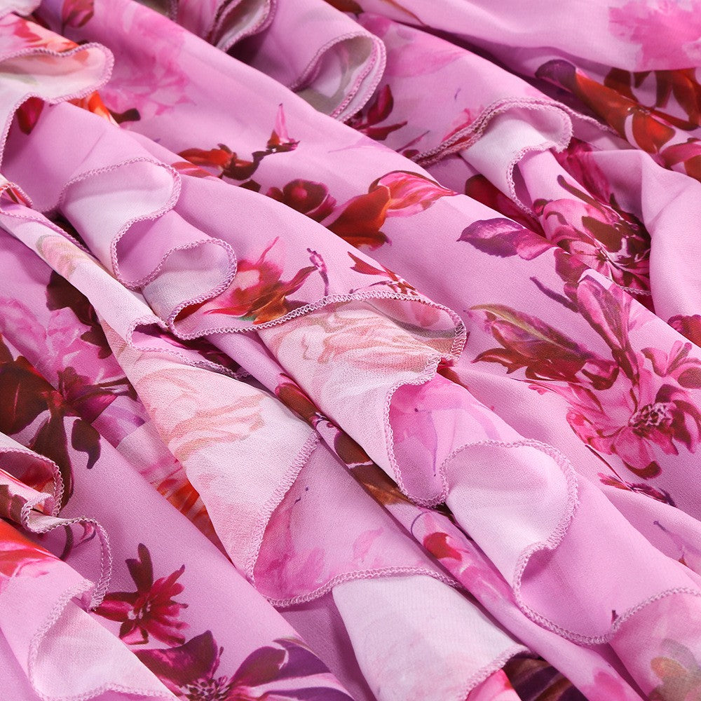 Halter Sleeveless Floral Print Ruffle Tiered Gown D2603