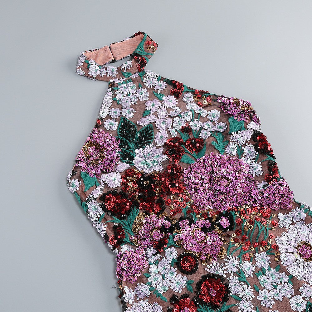 Halter Sleeveless Floral Sequin Embroidery Cocktail Mini Dress D26010