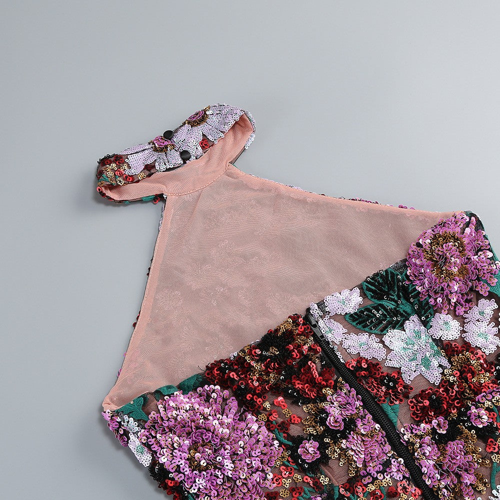 Halter Sleeveless Floral Sequin Embroidery Cocktail Mini Dress D26010