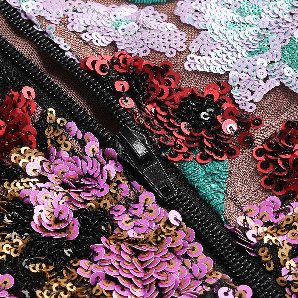 Halter Sleeveless Floral Sequin Embroidery Cocktail Mini Dress D26010
