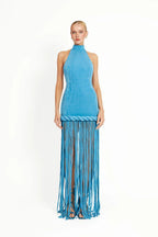 Halter Sleeveless Satin Fringe Hem High Slit Maxi Dress D26018