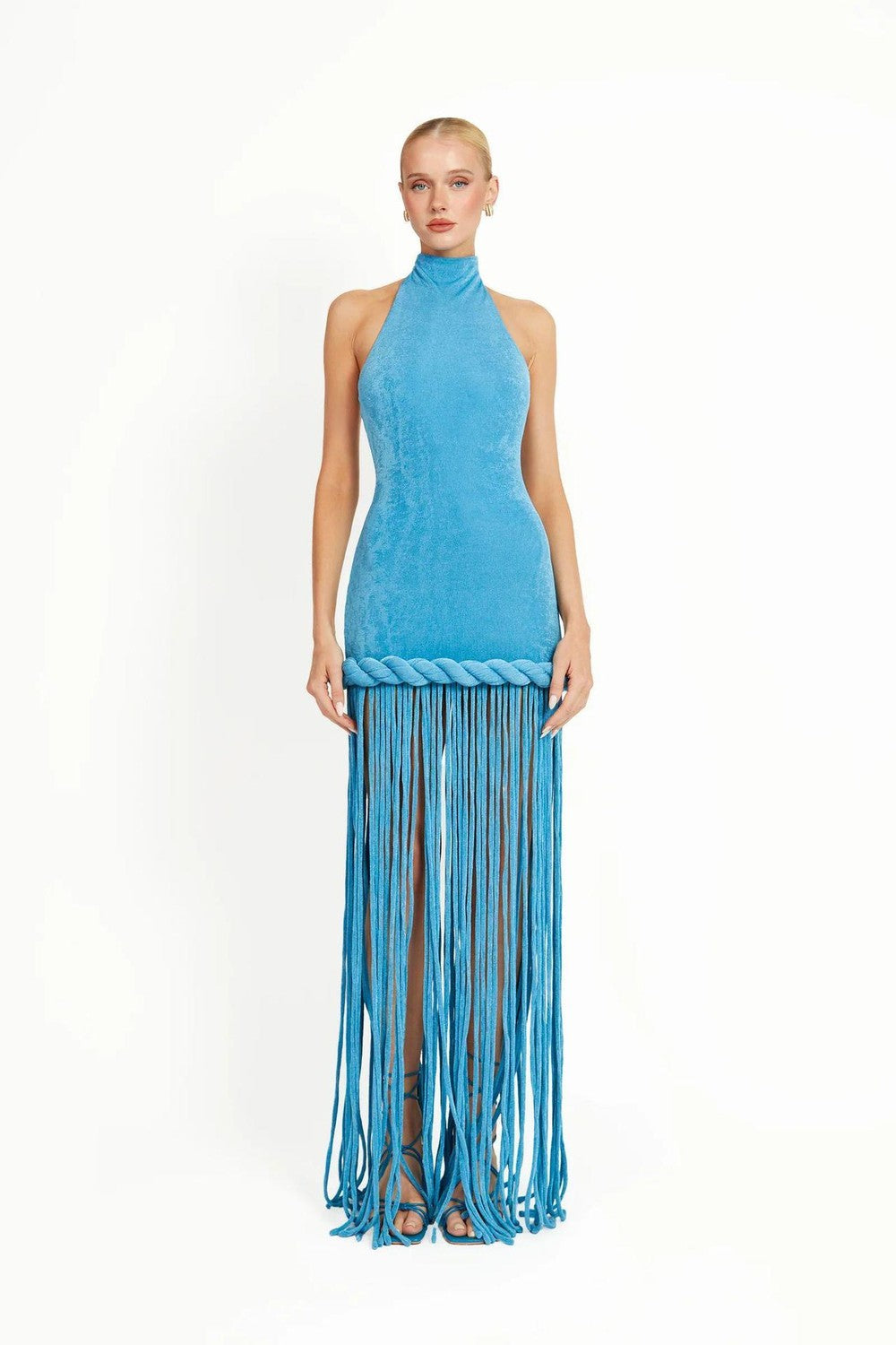 Halter Sleeveless Satin Fringe Hem High Slit Maxi Dress D26018