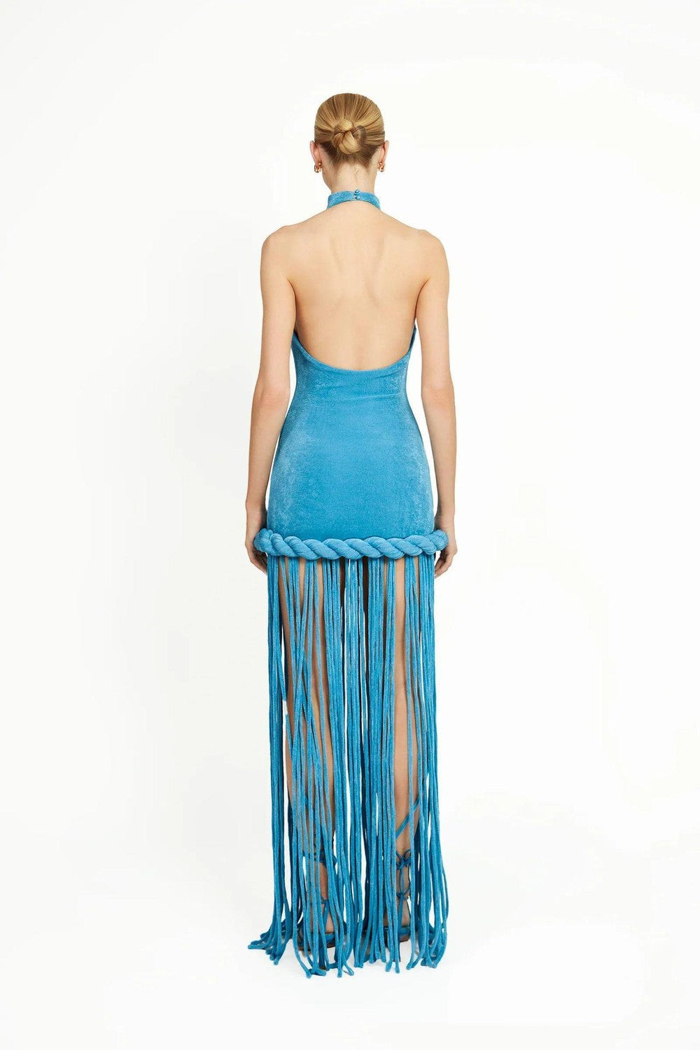 Halter Sleeveless Satin Fringe Hem High Slit Maxi Dress D26018