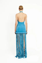Halter Sleeveless Satin Fringe Hem High Slit Maxi Dress D26018