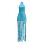 Halter Sleeveless Satin Fringe Hem High Slit Maxi Dress D26018
