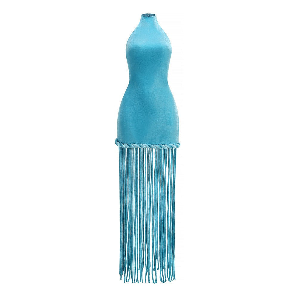 Halter Sleeveless Satin Fringe Hem High Slit Maxi Dress D26018