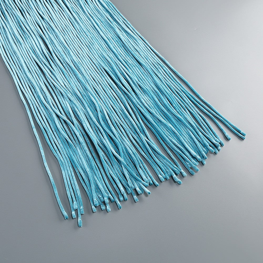 Halter Sleeveless Satin Fringe Hem High Slit Maxi Dress D26018