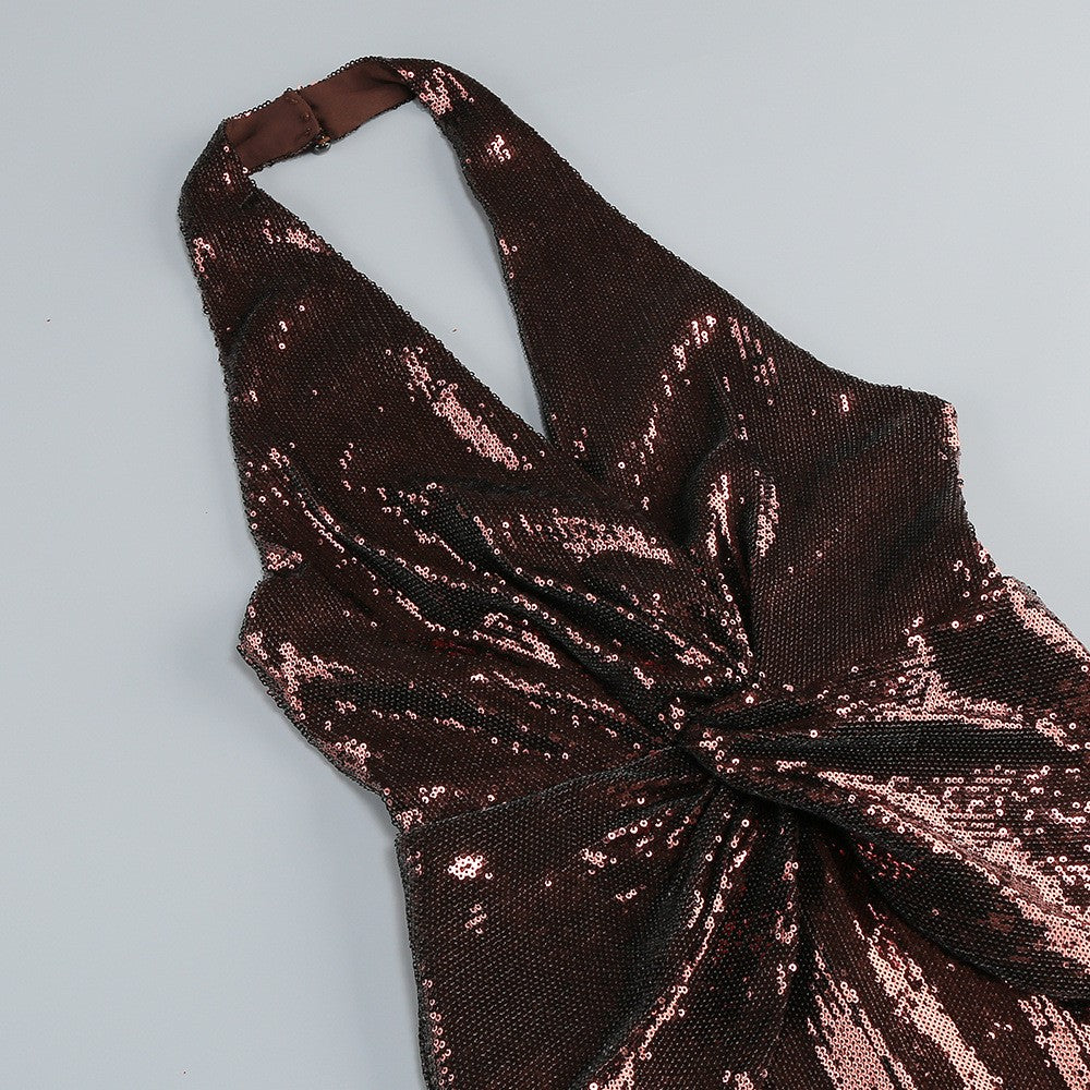 Halter Sleeveless Sequin Twist Detail Party Jumpsuit D26016