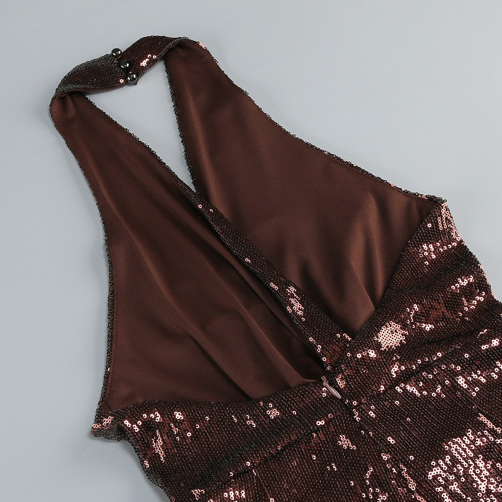 Halter Sleeveless Sequin Twist Detail Party Jumpsuit D26016