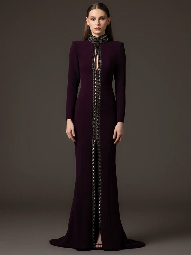 High Neck Beaded Plum Maxi Dress H6737