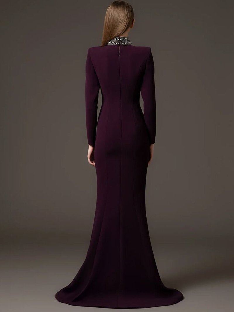 High Neck Beaded Plum Maxi Dress H6737