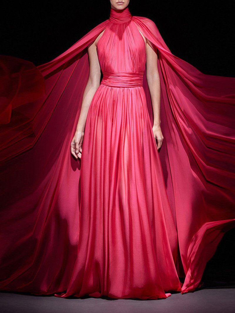High Neck Cape Red Maxi Dress H6774