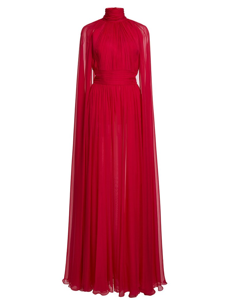 High Neck Cape Red Maxi Dress H6774