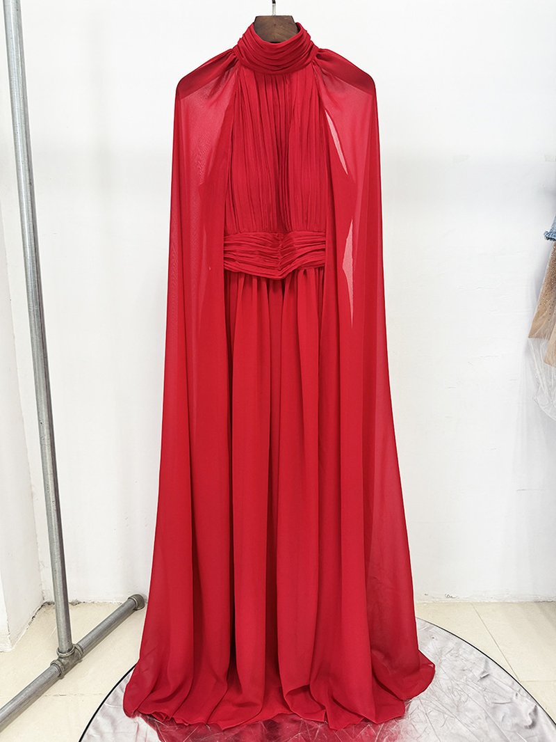 High Neck Cape Red Maxi Dress H6774