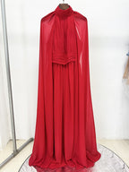 High Neck Cape Red Maxi Dress H6774