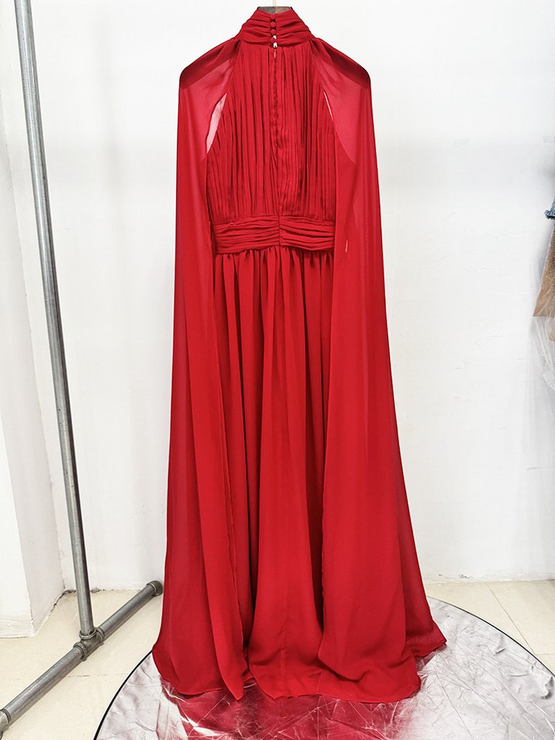 High Neck Cape Red Maxi Dress H6774