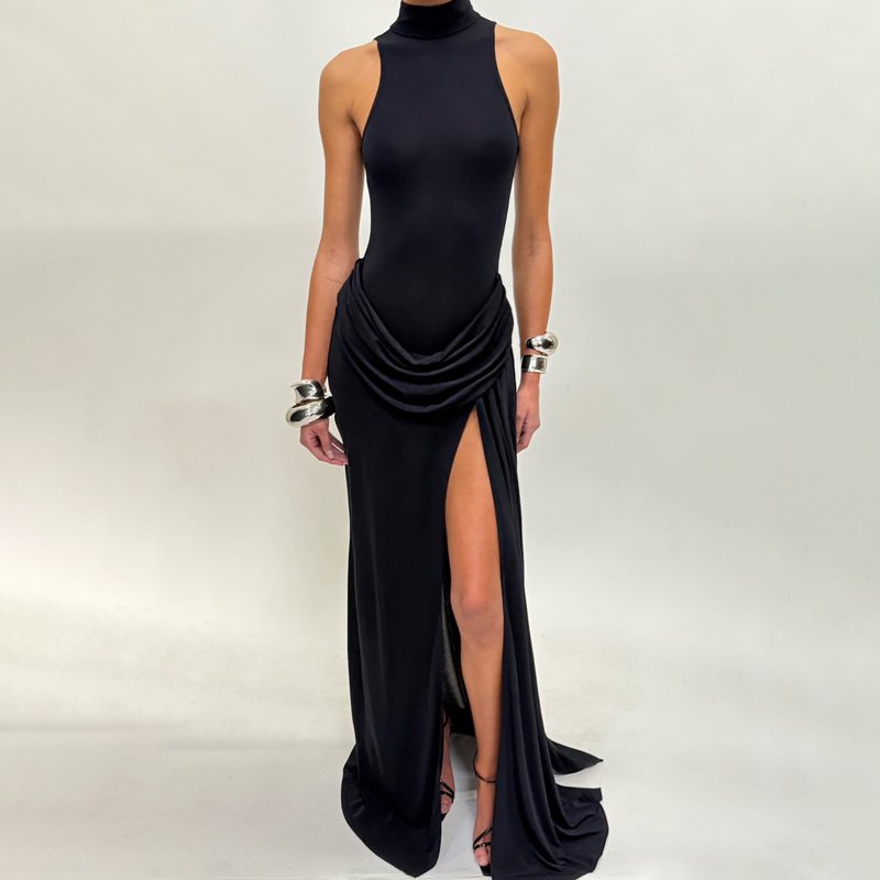 High Neck Draped White Maxi Dress H6878